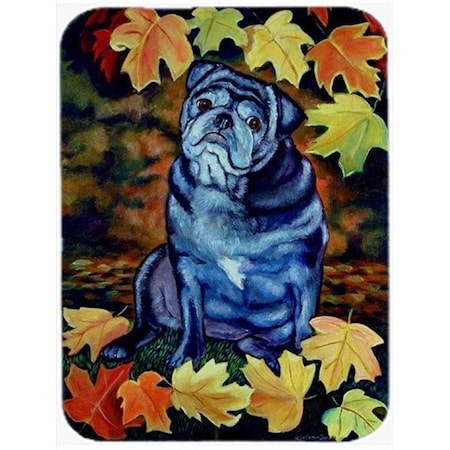 Carolines Treasures 7159LCB Old Black Pug In Fall Leaves Glass Cutting Board - Large; 15 X 12 In.